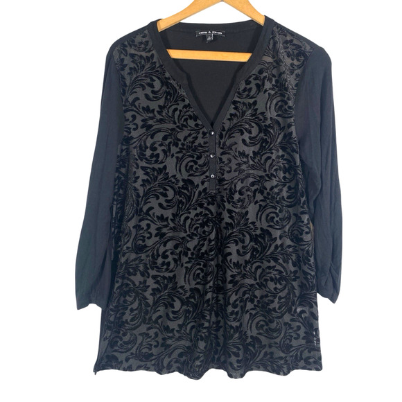 Cable & Gauge Velvet Burnout Top Henley Medium Black Whimsigoth Dk Romantic Y2K - Picture 1 of 10